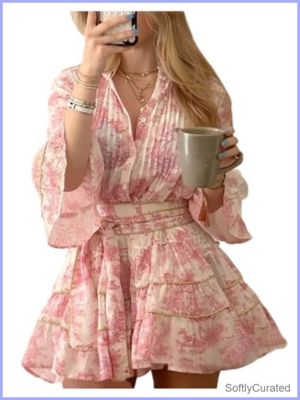 Women's Floral Mini Dress Notched V Neck Flare Sleeve Ruffle Hem Vacation